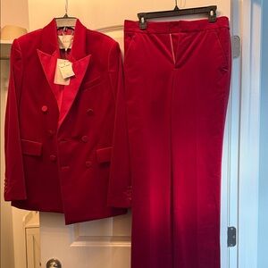 A.L.C. Red Velvet Double-Breasted Blazer & Trouser Set